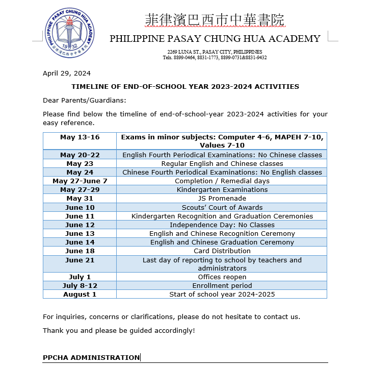 Timeline of End-of-School Year 2023-2024 Activities