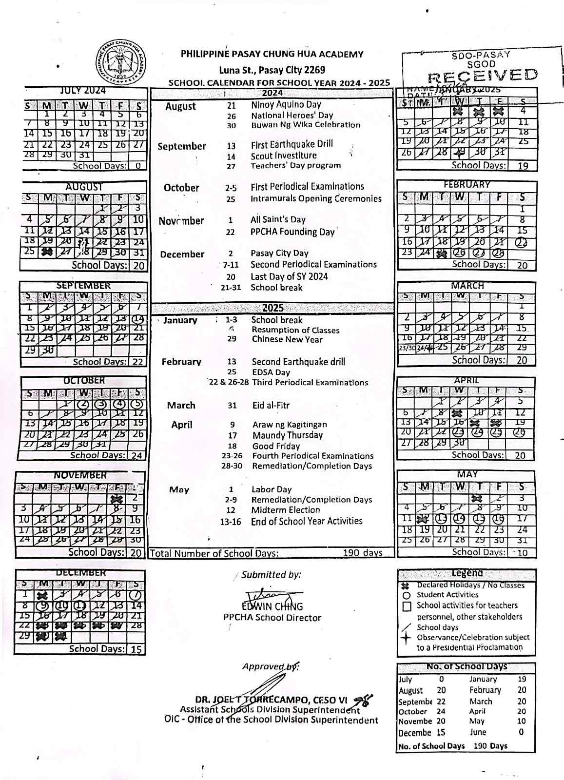 PPCHA School Calendar 2024-2025